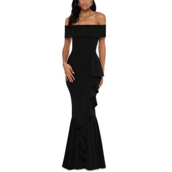 Betsy & Adam Off-The-Shoulder Mermaid Gown Black P6 - Picture 1 of 9